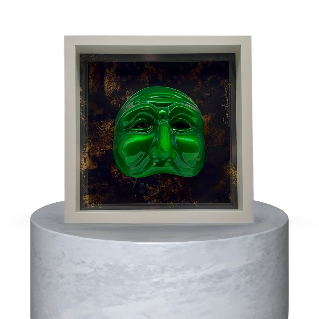 QUADRO PULCINELLA-VERDE SMERALDO EFFETTO CROMO CON FONDO ORO STRACCIATO