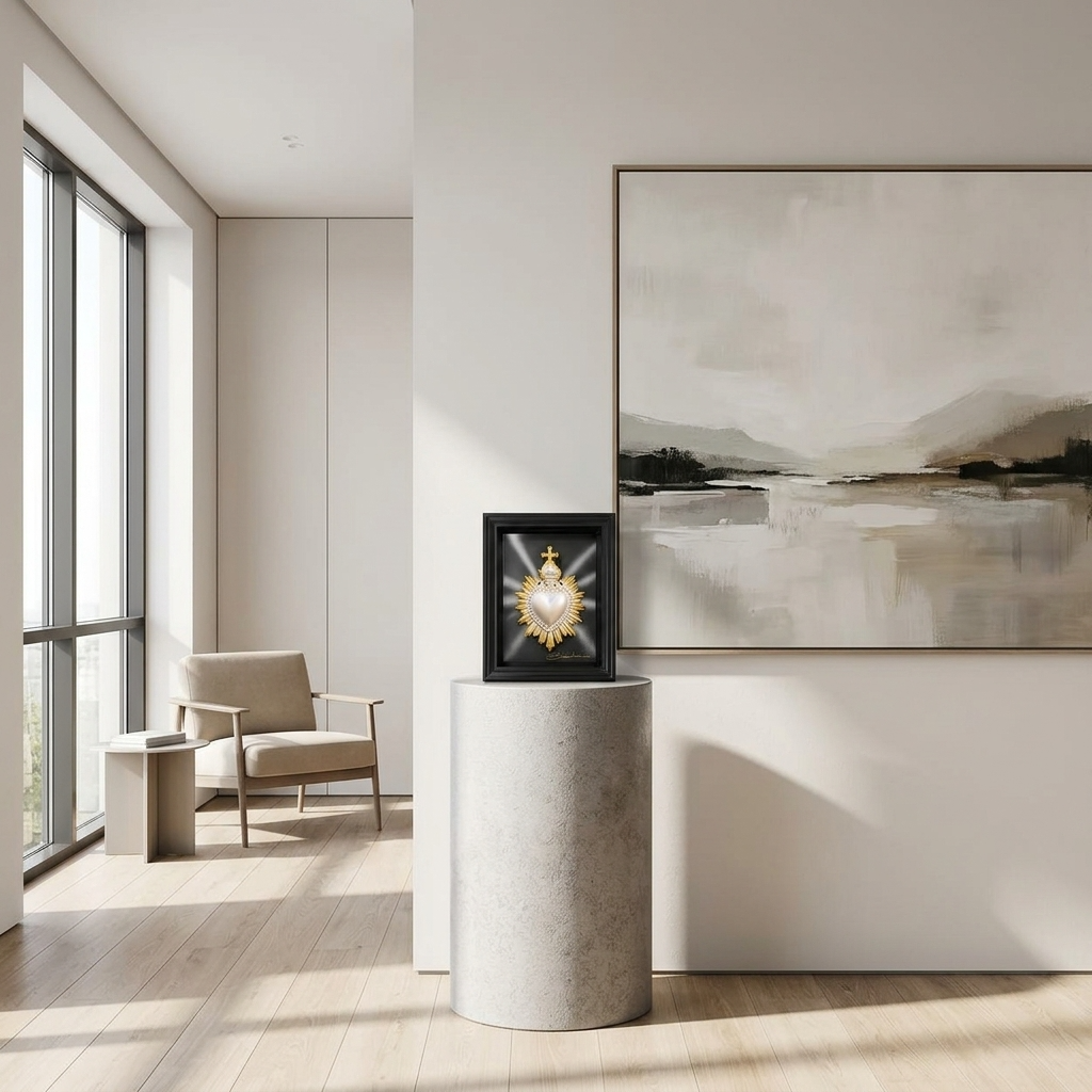 QUADRO CUORE SACRO BIANCO PERLATO & ORO CON RIFLESSI