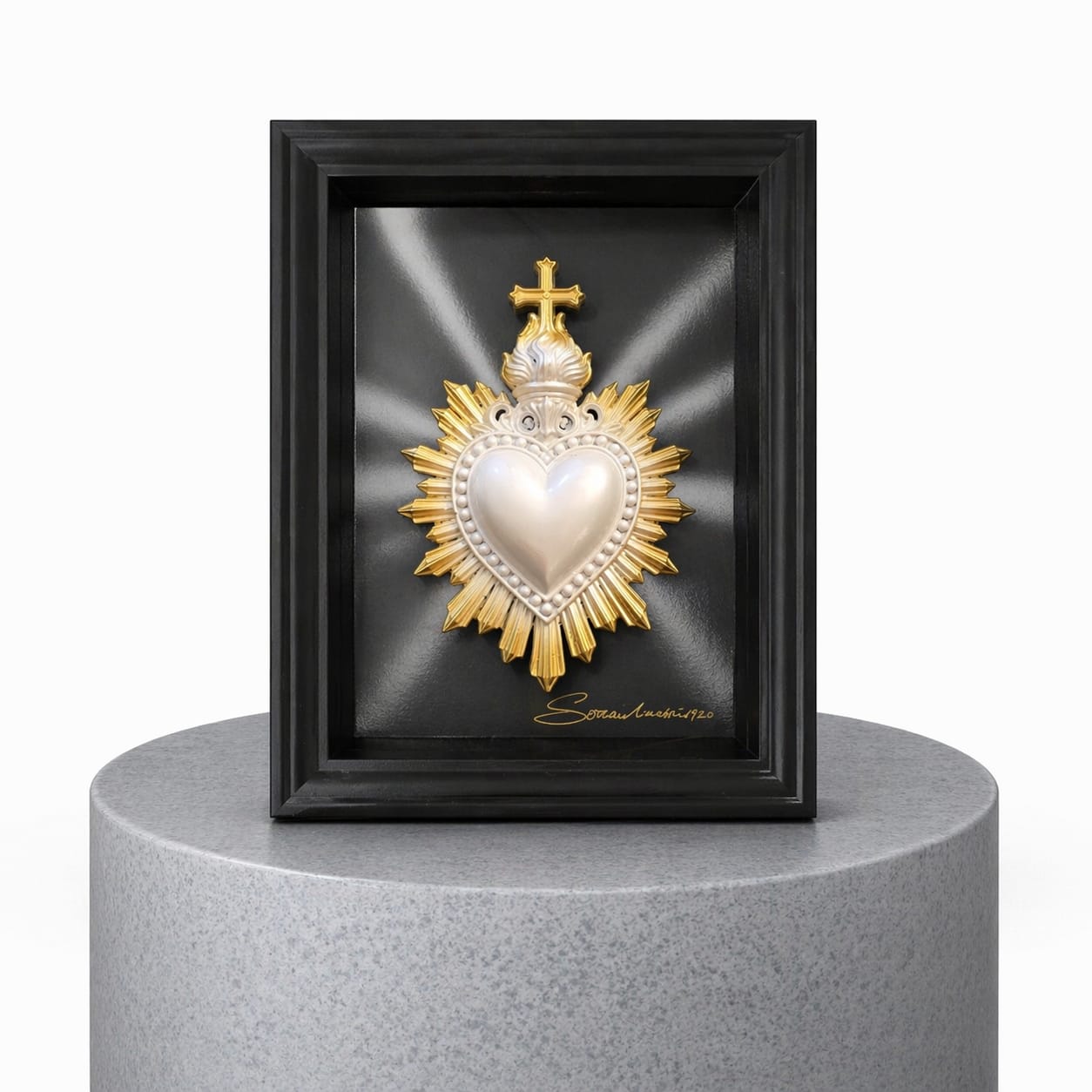QUADRO CUORE SACRO BIANCO PERLATO  & ORO CON RIFLESSI