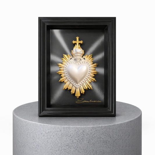 QUADRO CUORE SACRO BIANCO PERLATO  & ORO CON RIFLESSI