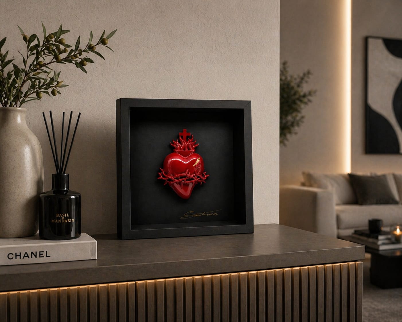 QUADRO CUORE SACRO ROSSO 676 CON SPINE E GRAFFIO ORO