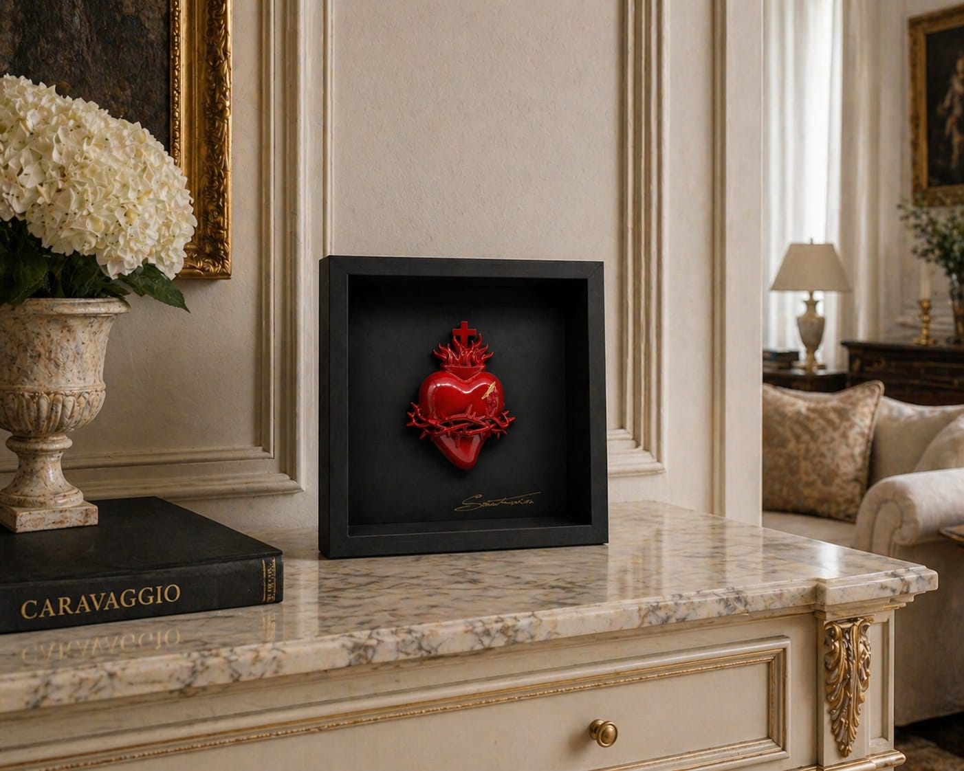 QUADRO CUORE SACRO ROSSO 676 CON SPINE E GRAFFIO ORO