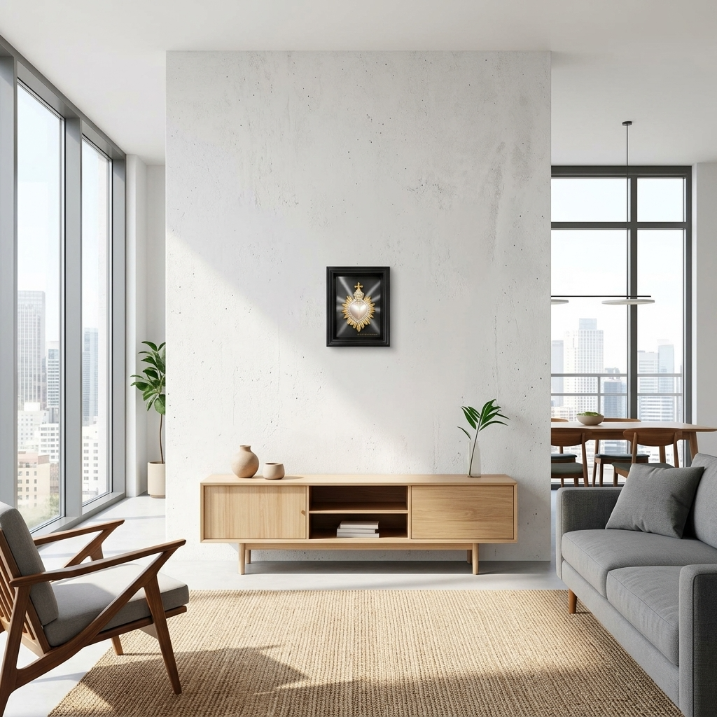 QUADRO CUORE SACRO BIANCO PERLATO  & ORO CON RIFLESSI