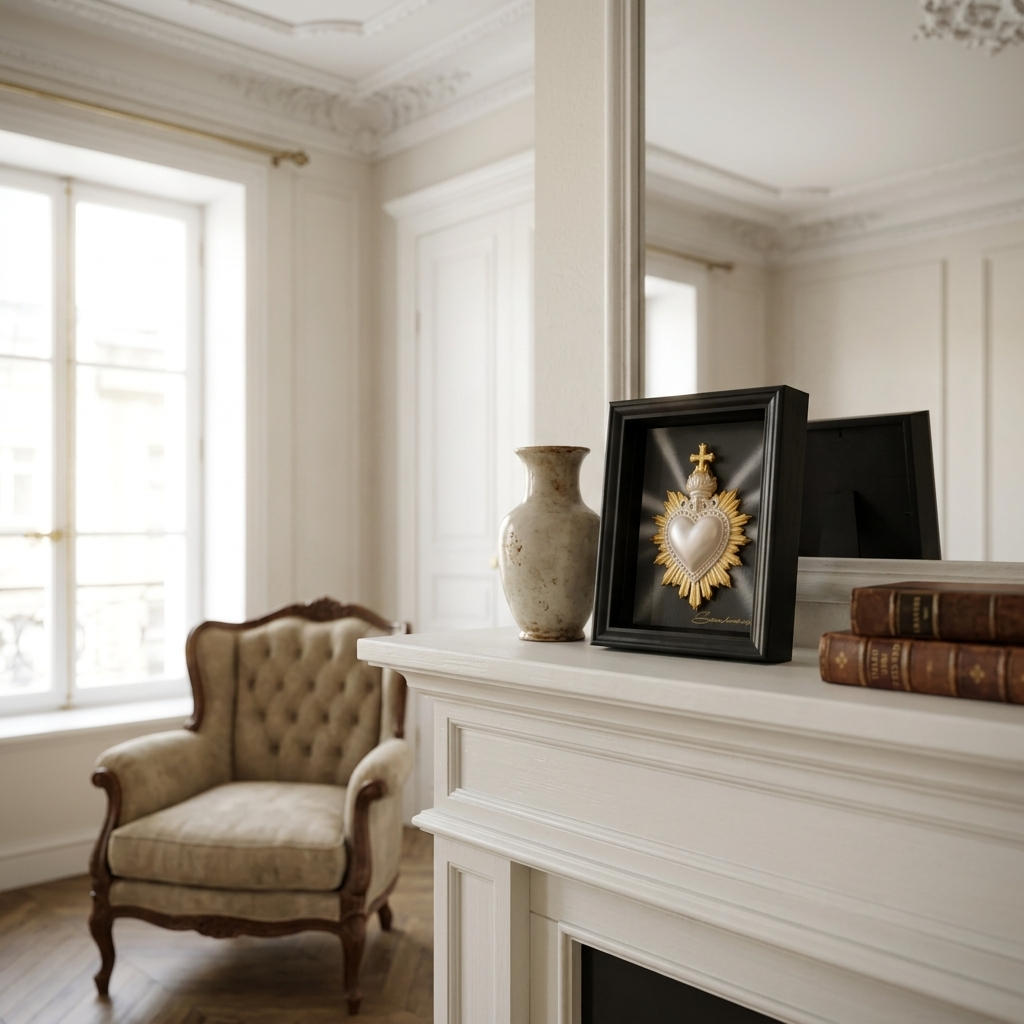 QUADRO CUORE SACRO BIANCO PERLATO  & ORO CON RIFLESSI