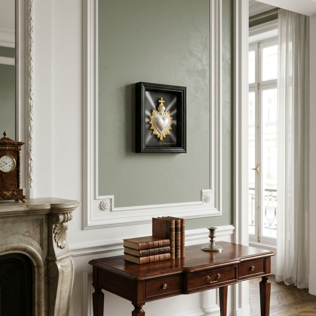 QUADRO CUORE SACRO BIANCO PERLATO  & ORO CON RIFLESSI