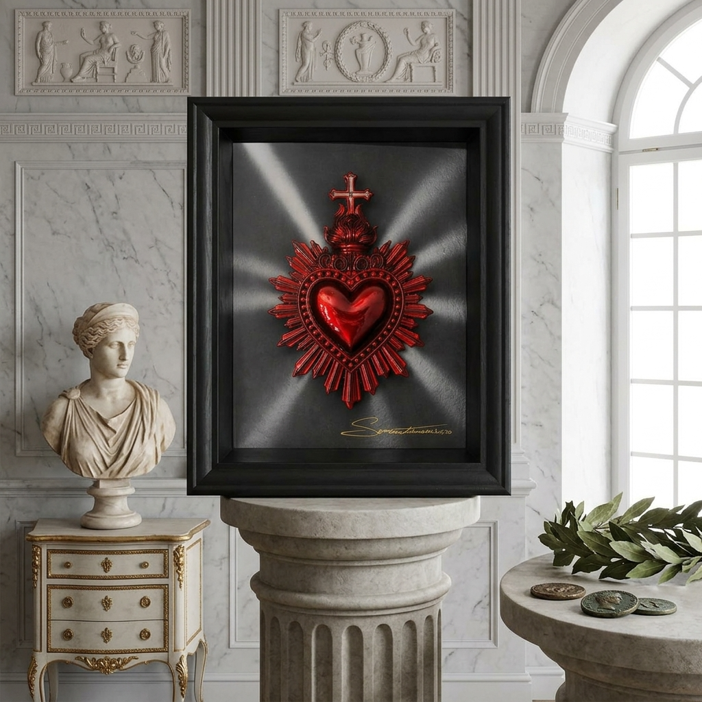 quadro cuore sacro rosso rubino con riflessi