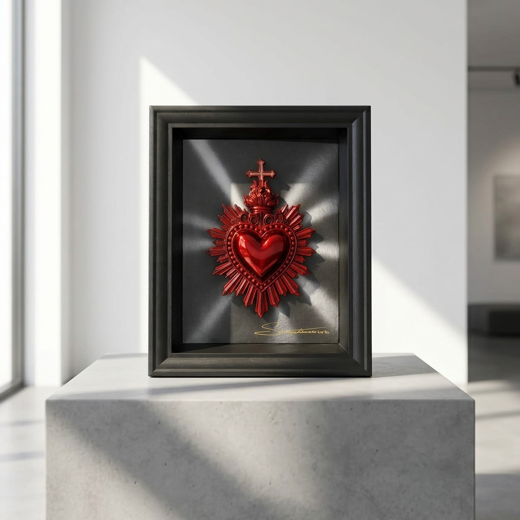 quadro cuore sacro rosso rubino con riflessi