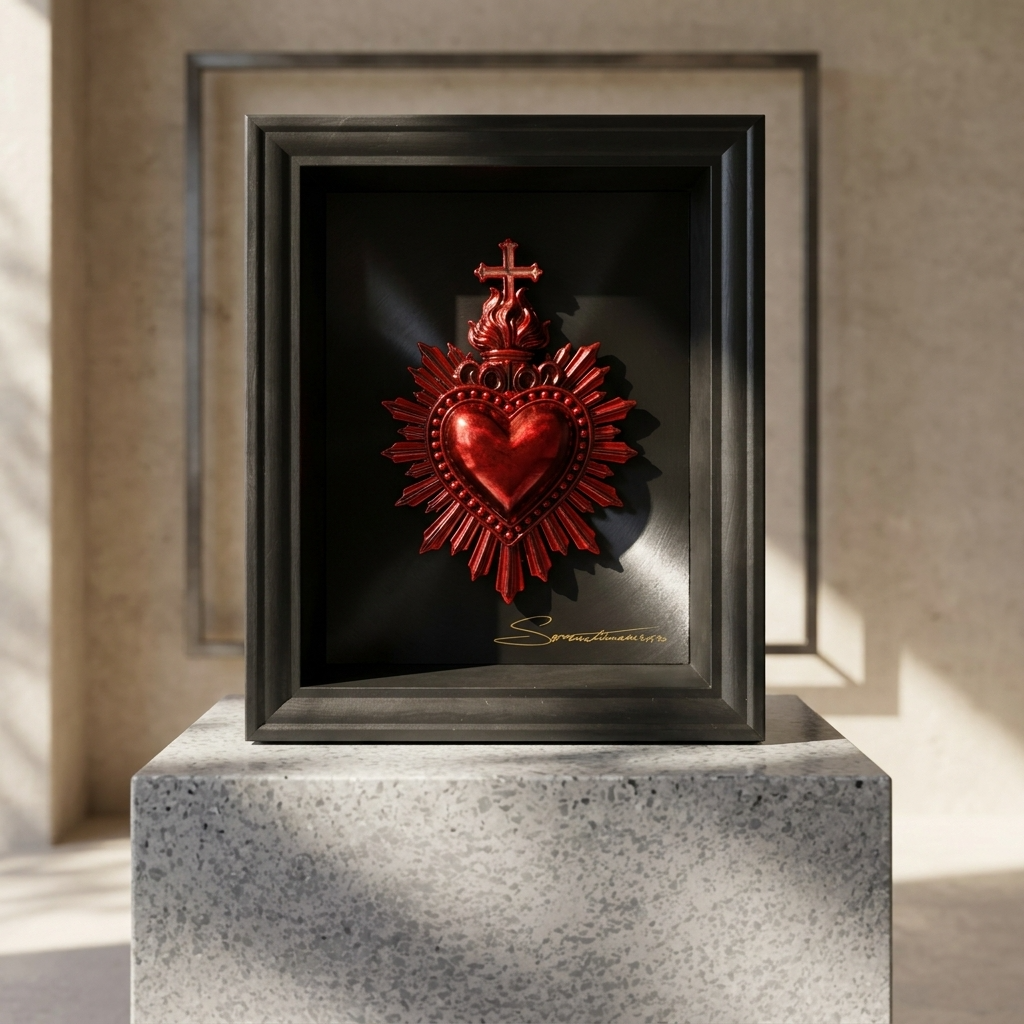 quadro cuore sacro rosso rubino con riflessi