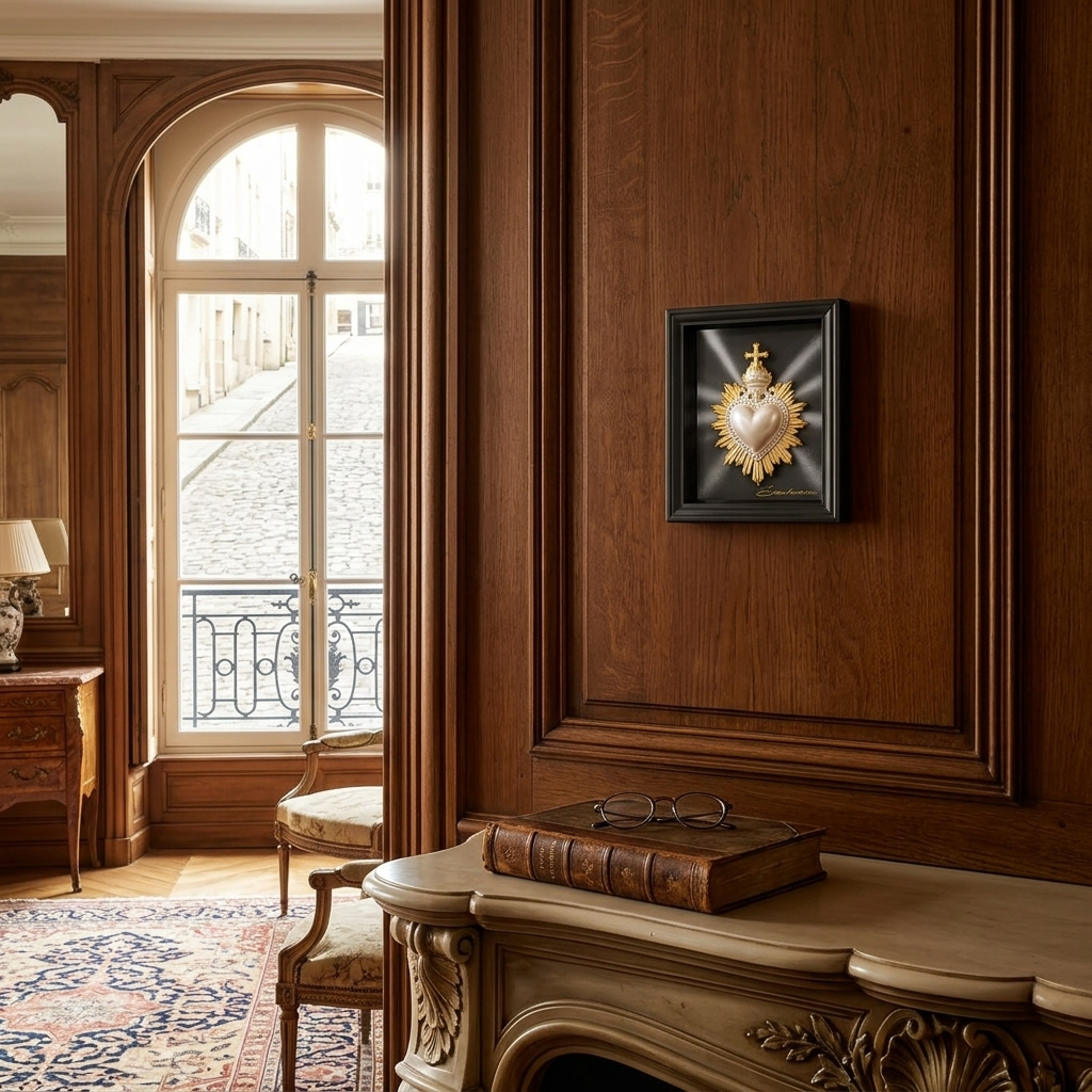 QUADRO CUORE SACRO BIANCO PERLATO  & ORO CON RIFLESSI